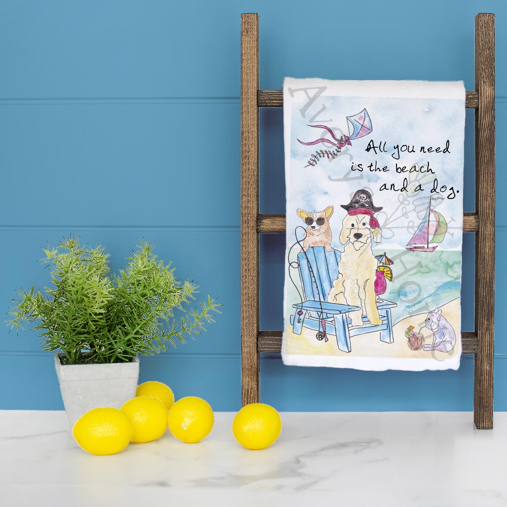 Beach and Dog dish towel folded, hemmed on all four sides
