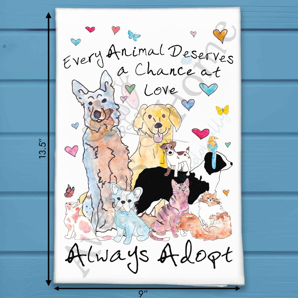 Adopt Don't Shop flour sack dish towel, art by Avery Jackson