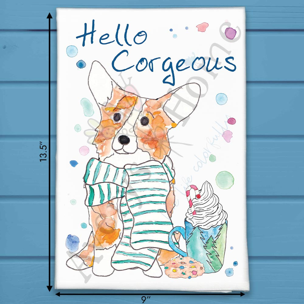 Hello Corgeous Winter Corgi flour sack dish towel, art by Avery Jackson