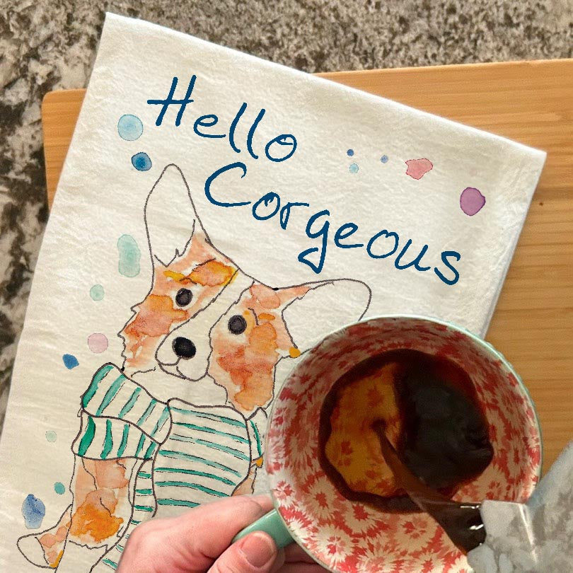 Hello Corgeous Winter Corgi dish towel, 27x27 flour sack cotton