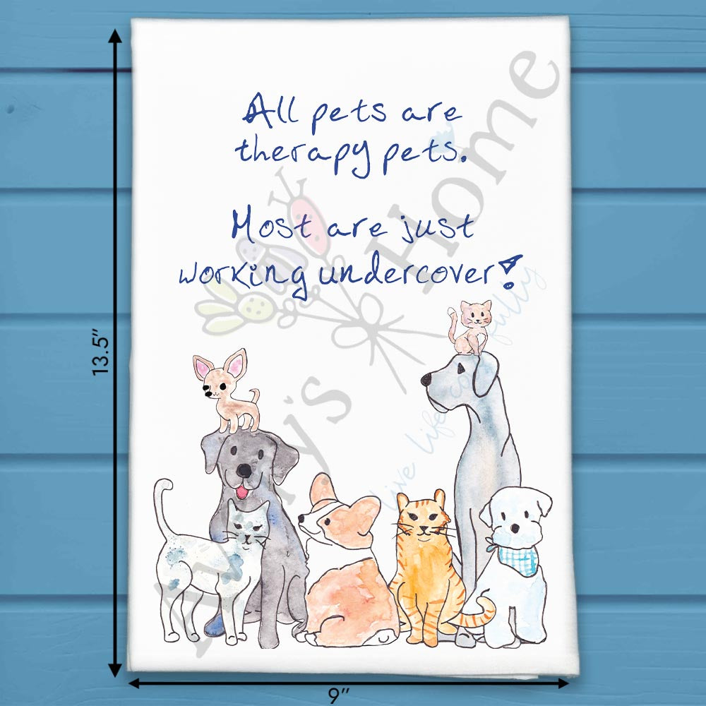 Pet Therapist flour sack dish towel, art by Avery Jackson
