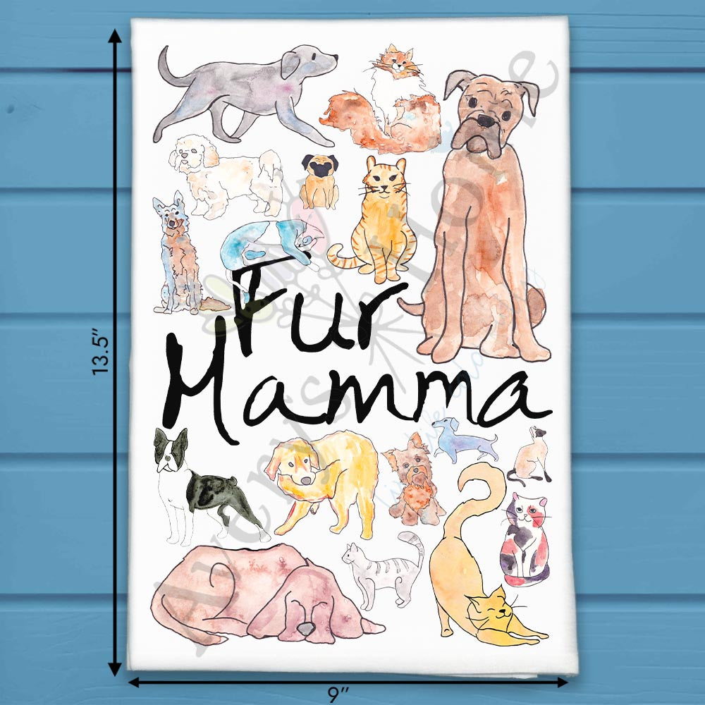 Fur Mamma flour sack dish towel, art by Avery Jackson