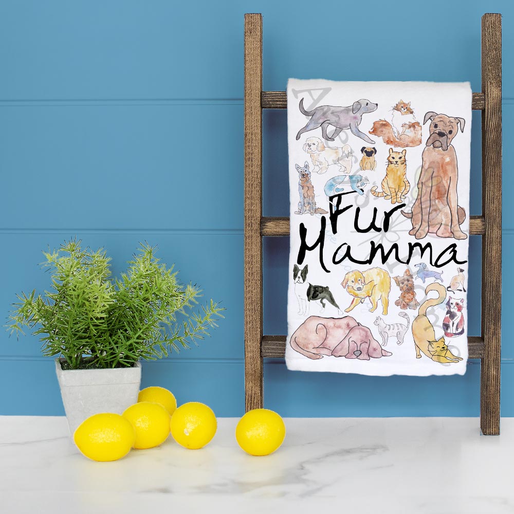 Fur Mamma dish towel folded, hemmed on all four sides