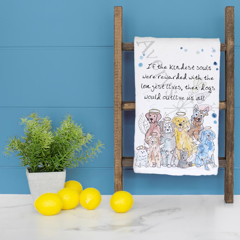 Dog Angels dish towel folded, hemmed on all four sides