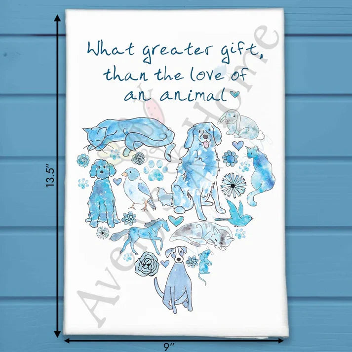 Animals are a Gift of Love flour sack dish towel, art by Avery Jackson