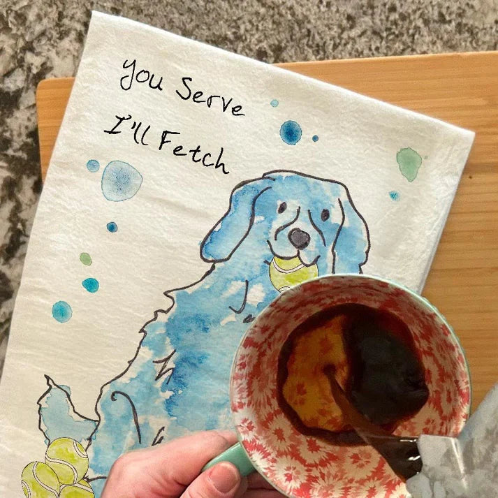 Dog & Tennis dish towel, 27x27 flour sack cotton