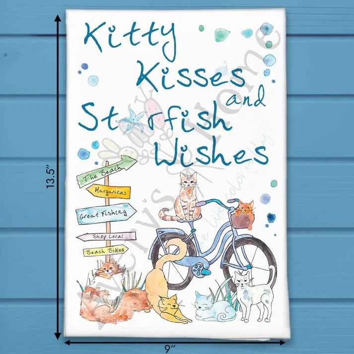 Kitty Kisses and Starfish Wishes flour sack dish towel, art by Avery Jackson