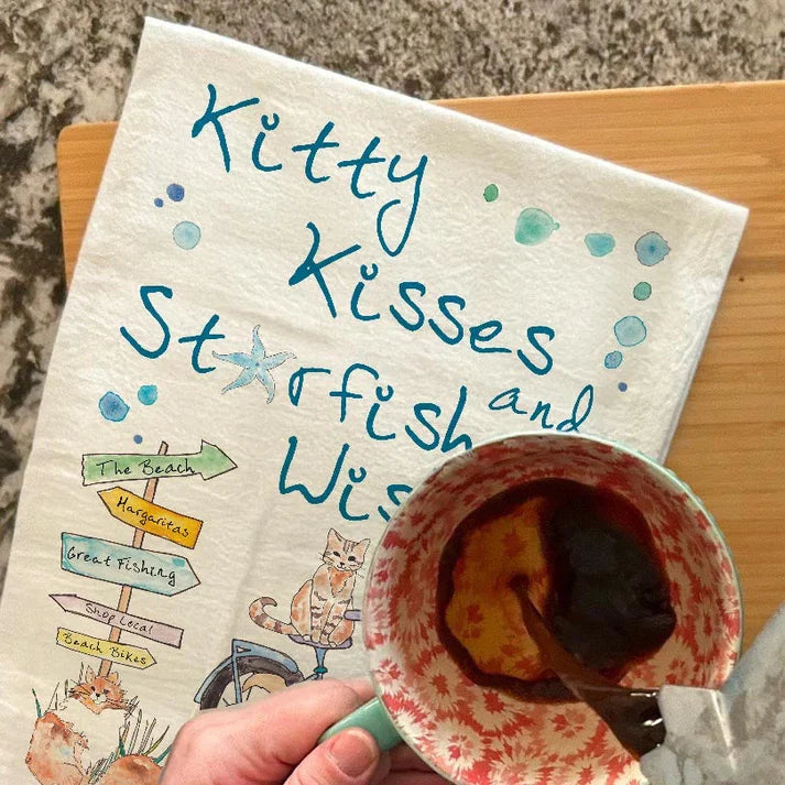Kitty Kisses and Starfish Wishes dish towel, 27x27 flour sack cotton