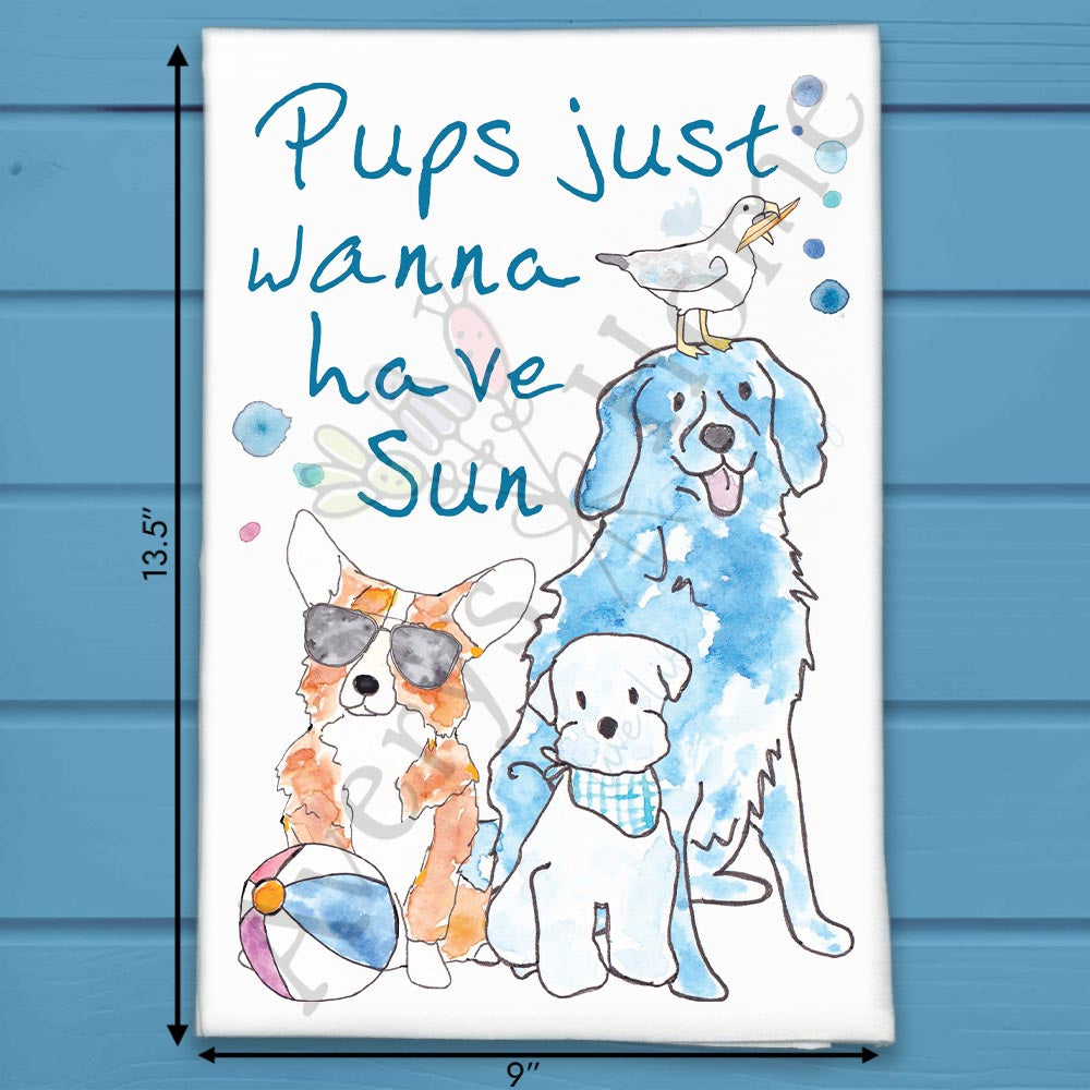 Pups Just Wanna Have Sun flour sack dish towel, art by Avery Jackson