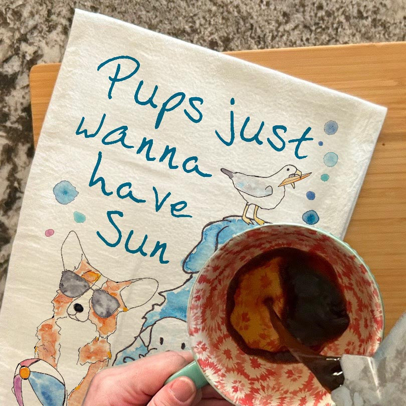Pups Just Wanna Have Sun dish towel, 27x27 flour sack cotton