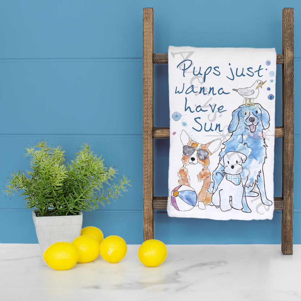 Pups Just Wanna Have Sun dish towel folded, hemmed on all four sides