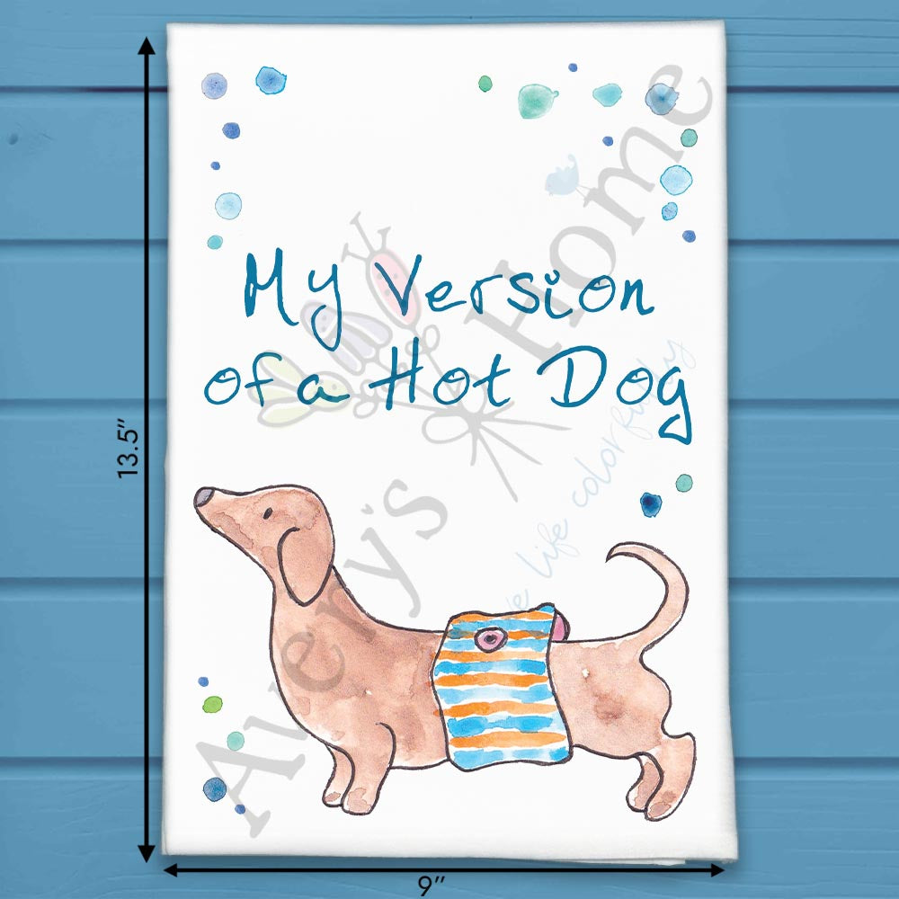Dachshund Hotdog flour sack dish towel, art by Avery Jackson