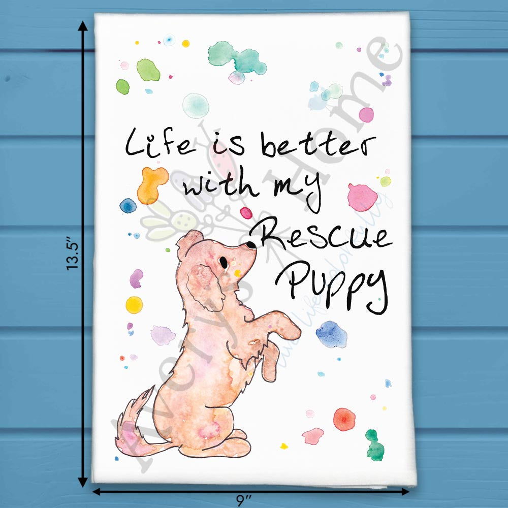 Rescue Puppy flour sack dish towel, art by Avery Jackson