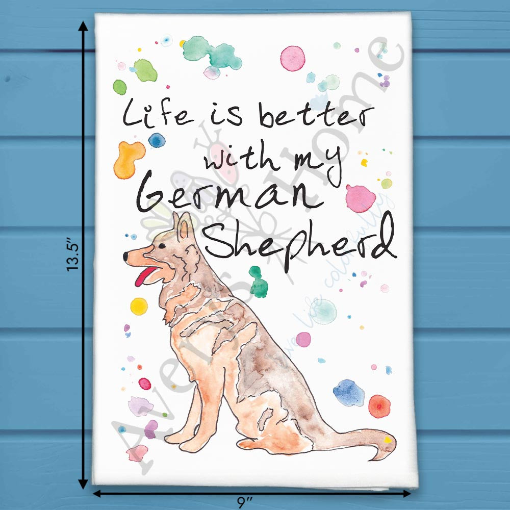 German Shepherd flour sack dish towel, art by Avery Jackson