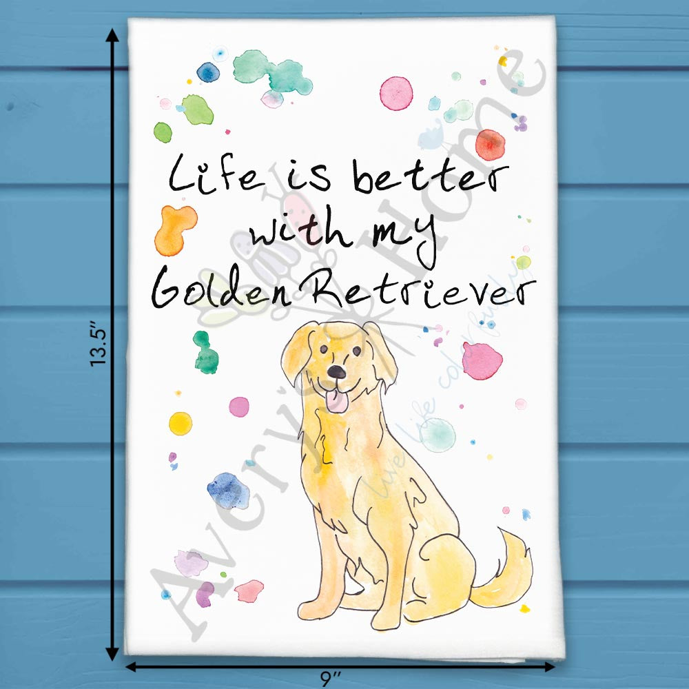Golden Retriever flour sack dish towel, art by Avery Jackson