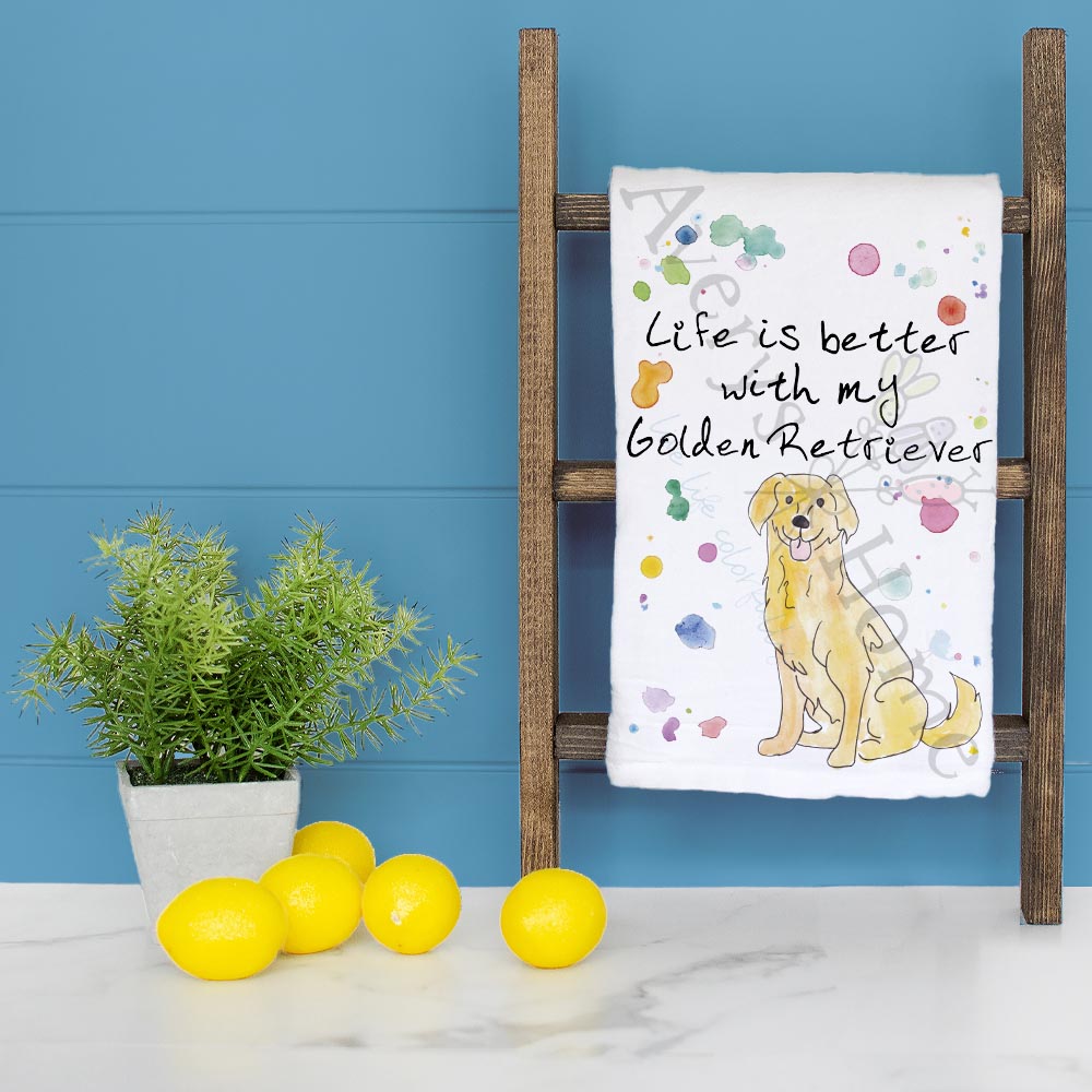 Golden Retriever dish towel folded, hemmed on all four sides