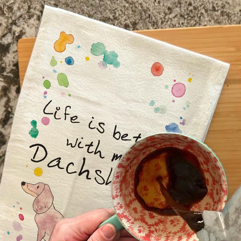 Dachshund dish towel, 27x27 flour sack cotton