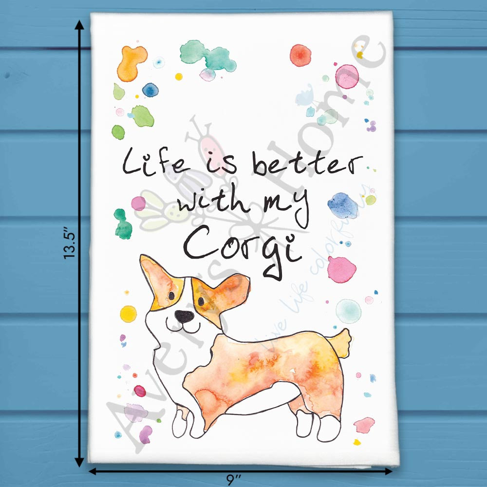 Corgi flour sack dish towel, art by Avery Jackson