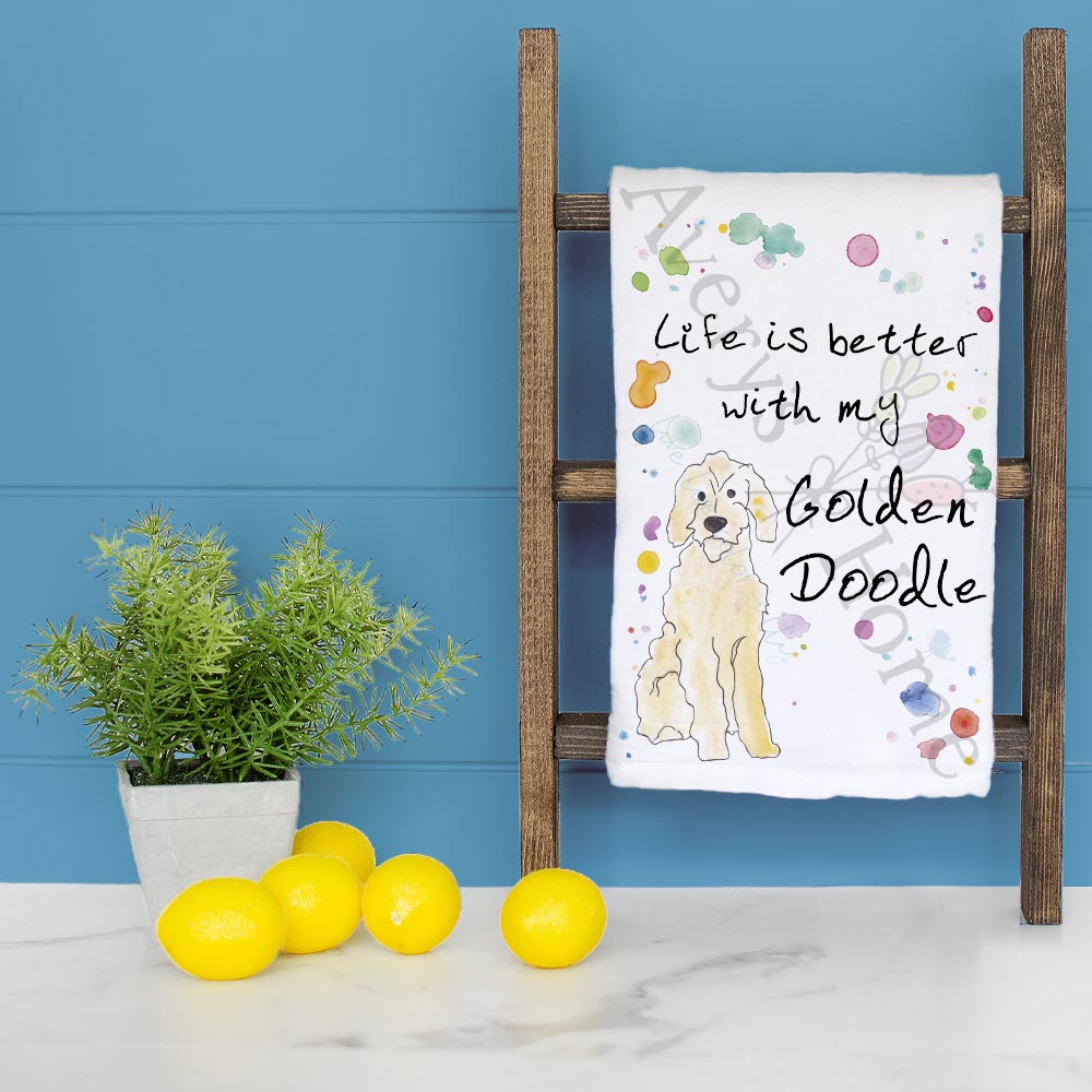 Goldendoodle dish towel folded, hemmed on all four sides