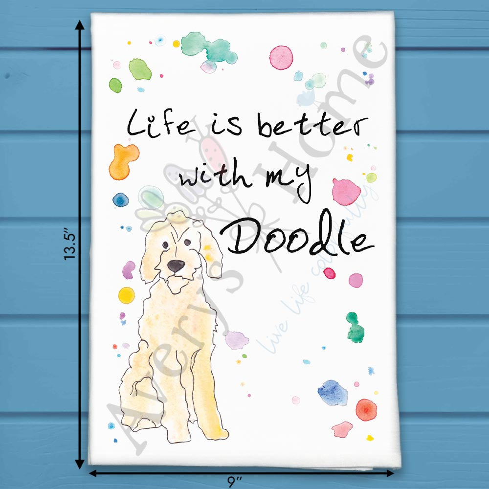Doodle Dog flour sack dish towel, art by Avery Jackson