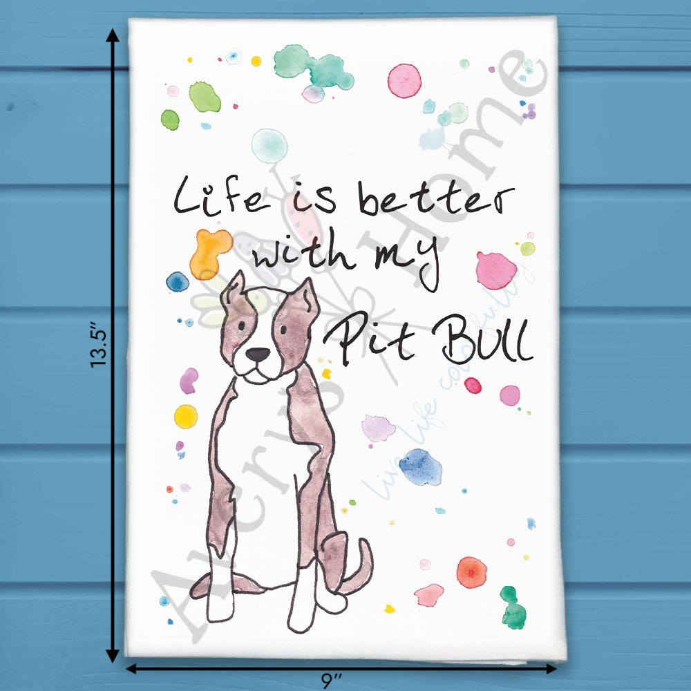 Pitbull flour sack dish towel, art by Avery Jackson
