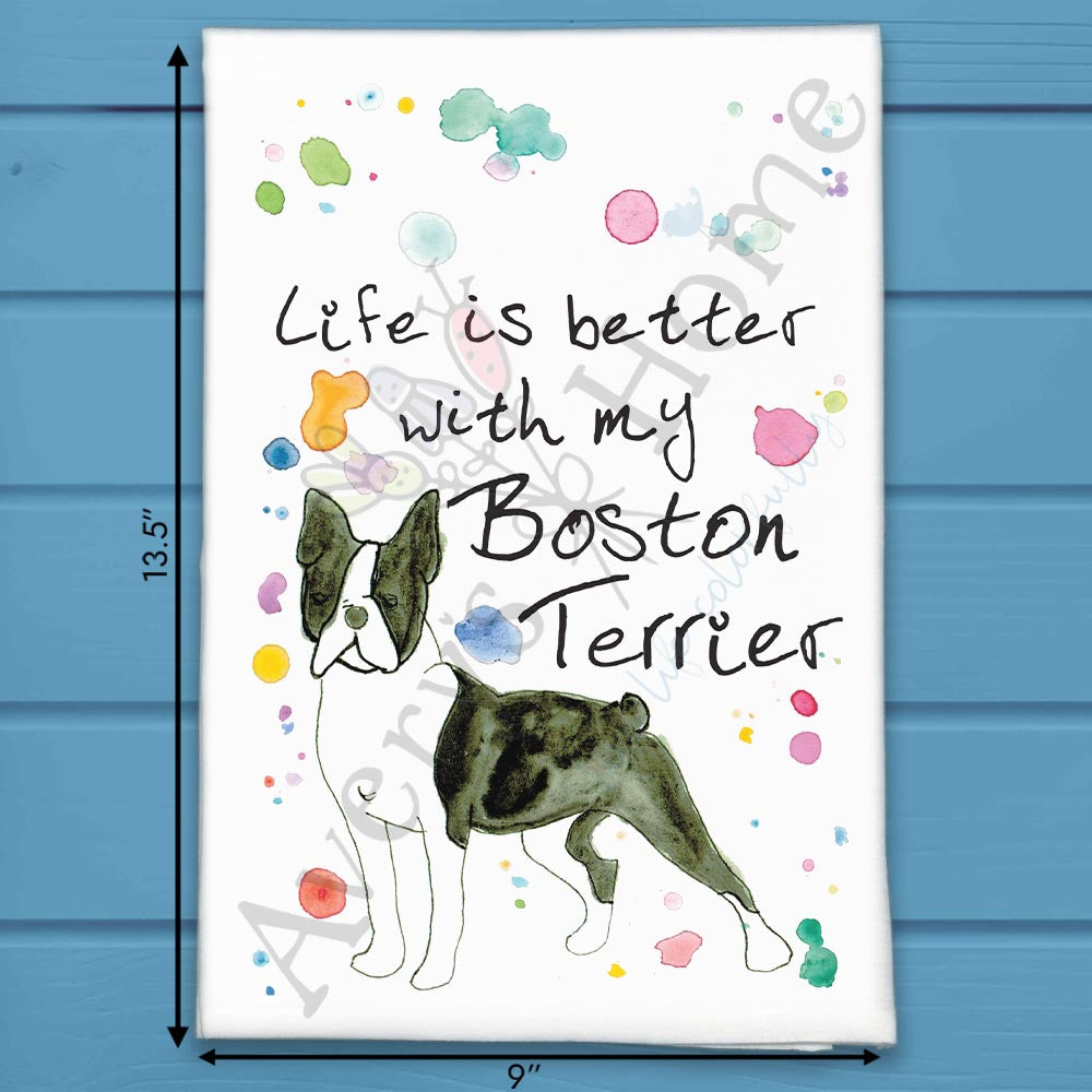 Boston Terrier flour sack dish towel, art by Avery Jackson