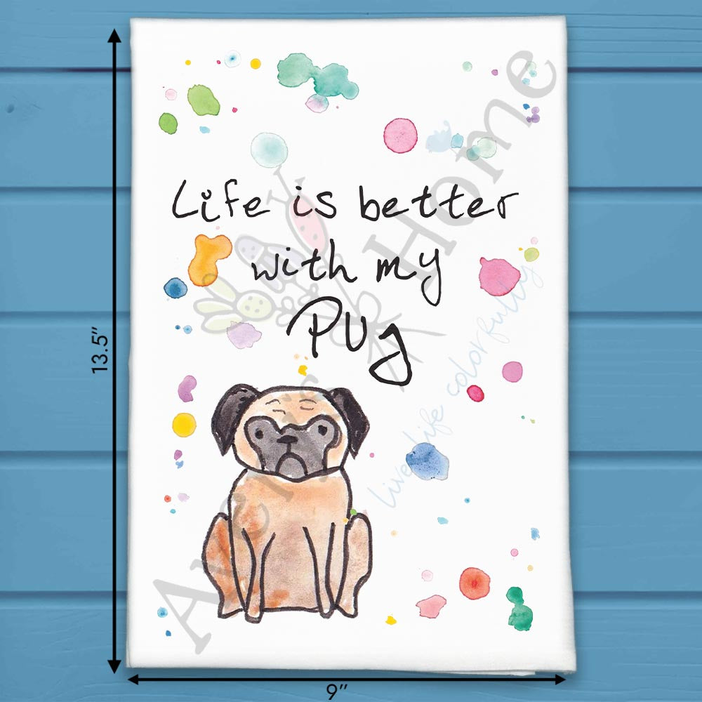 Pug flour sack dish towel, art by Avery Jackson