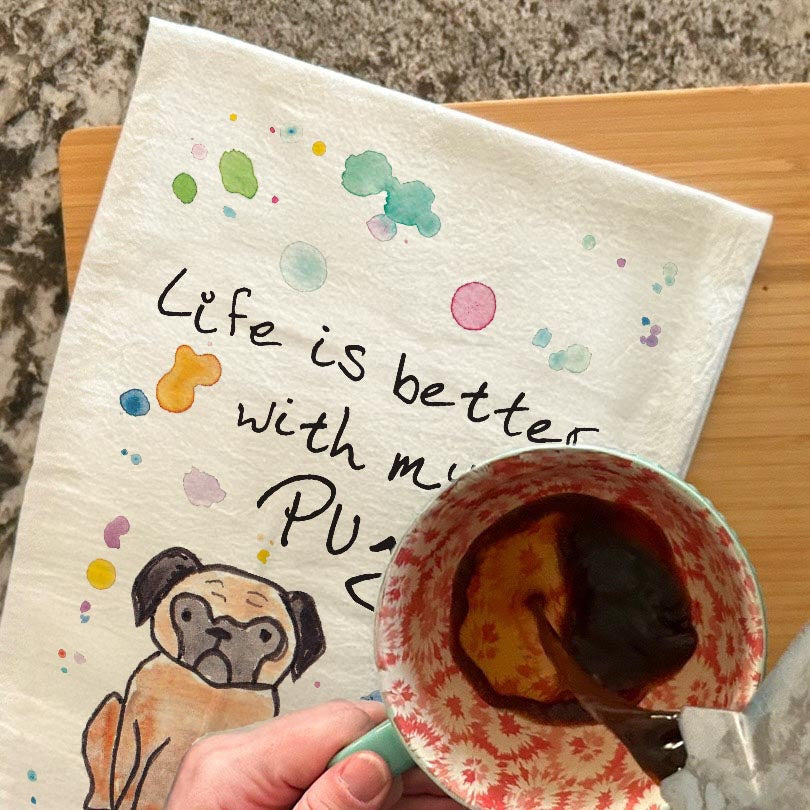 Pug dish towel, 27x27 flour sack cotton