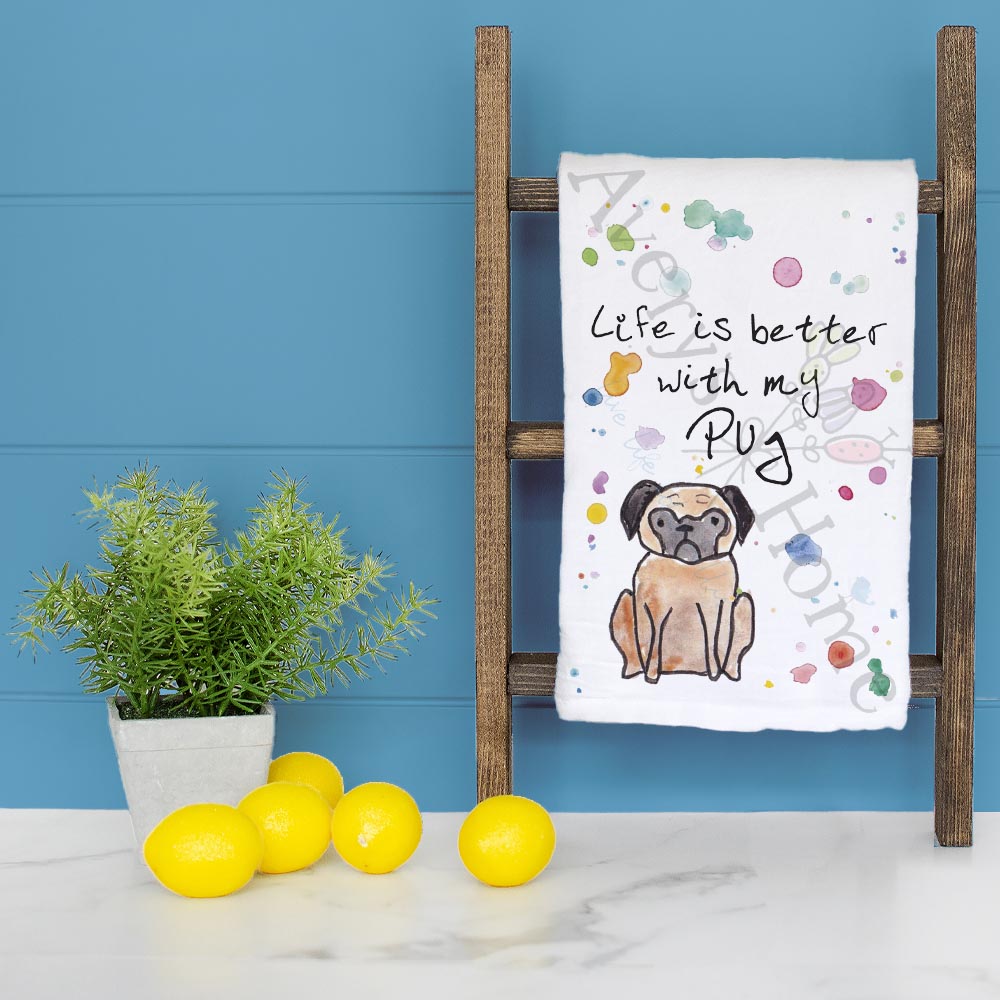 Pug dish towel folded, hemmed on all four sides