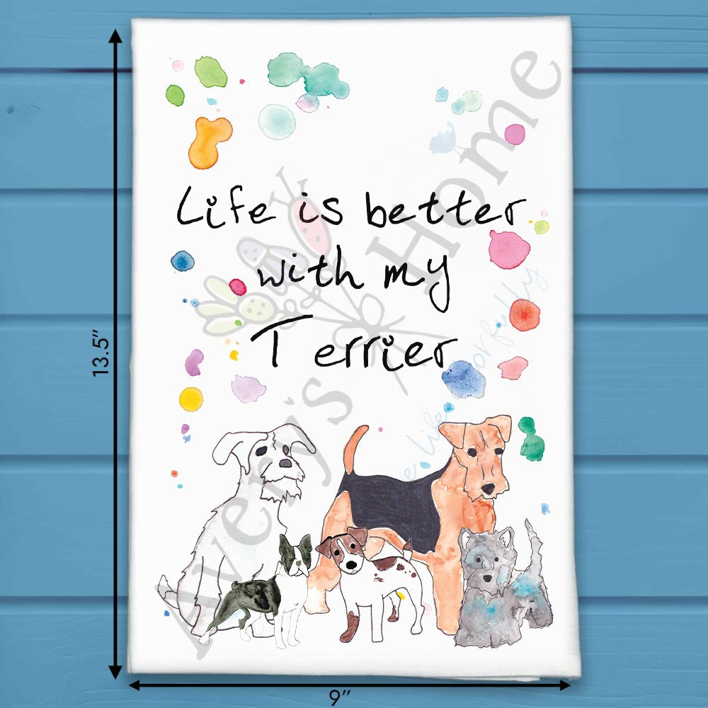 Terrier flour sack dish towel, art by Avery Jackson