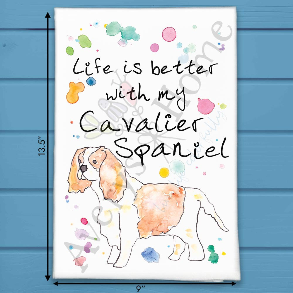 Cavalier Spaniel flour sack dish towel, art by Avery Jackson