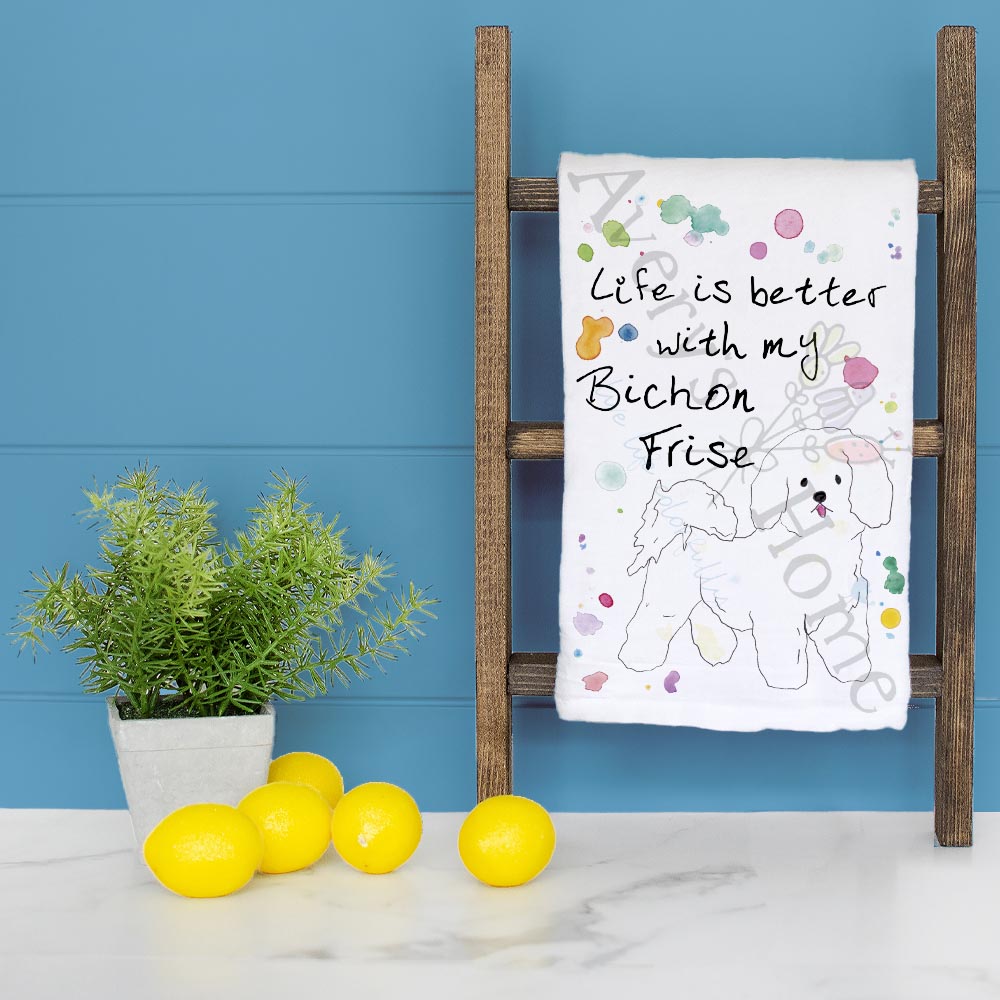Bichon Frise dish towel folded, hemmed on all four sides