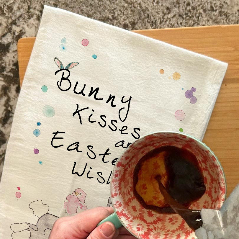 Bunny Kisses dish towel, 27x27 flour sack cotton