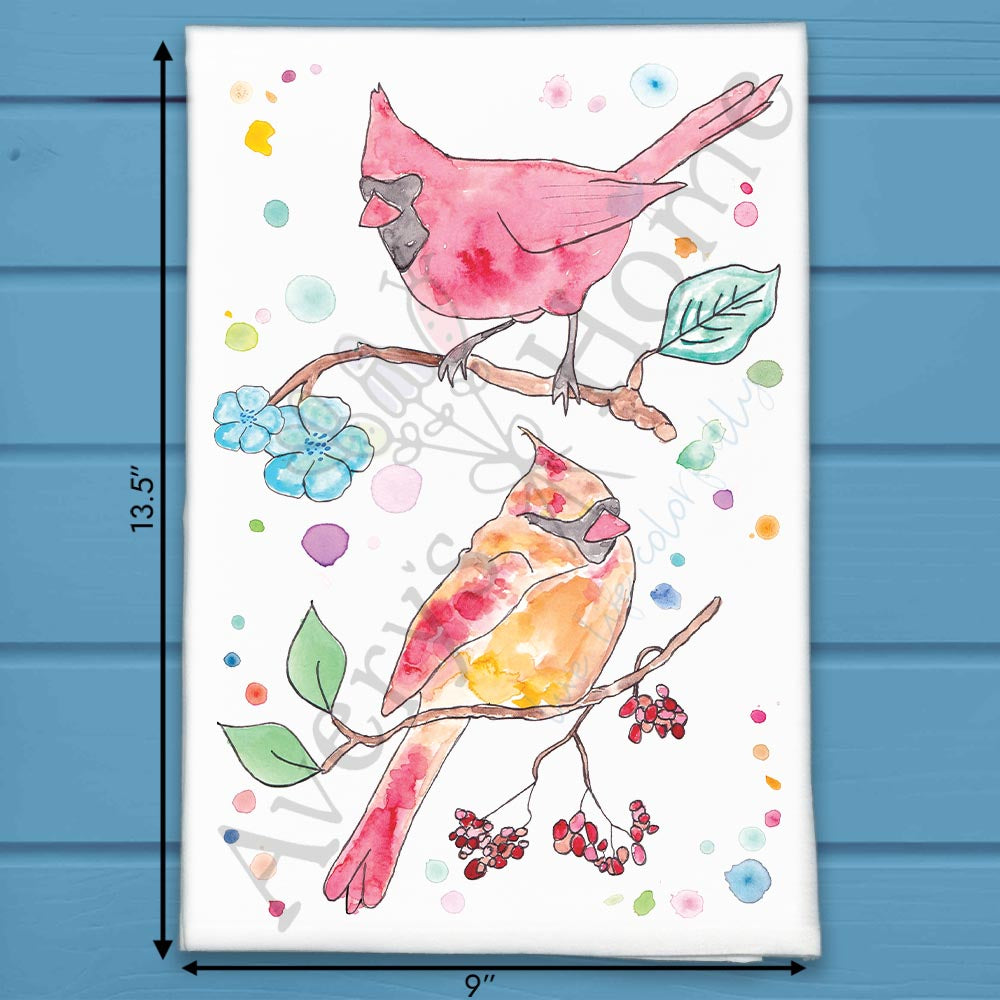 Spring Cardinal flour sack dish towel, art by Avery Jackson