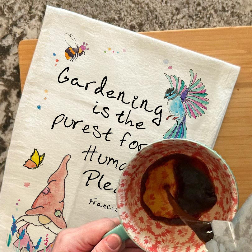 Gardening is Pure Pleasure dish towel, 27x27 flour sack cotton