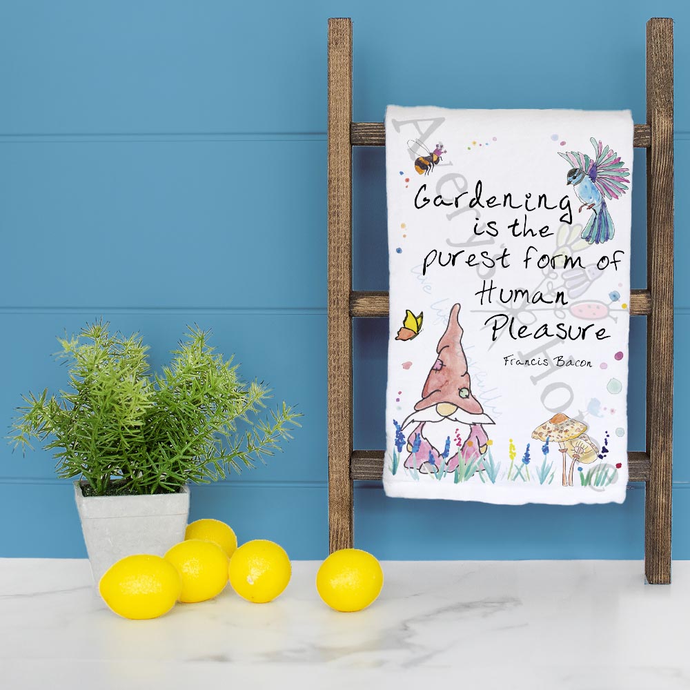 Gardening is Pure Pleasure dish towel folded, hemmed on all four sides