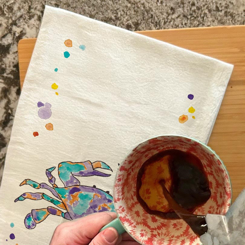 Crab Mardi Gras dish towel, 27x27 flour sack cotton