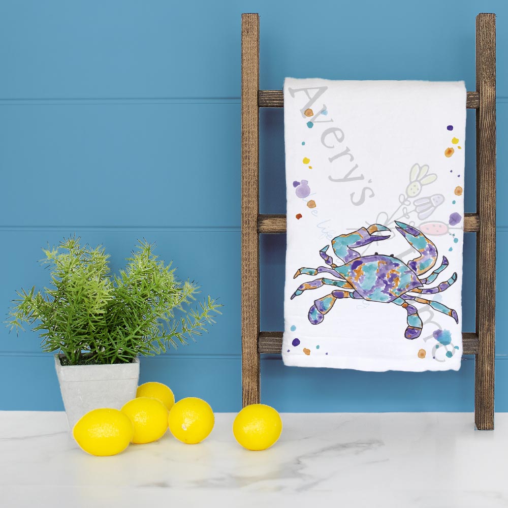 Crab Mardi Gras dish towel folded, hemmed on all four sides