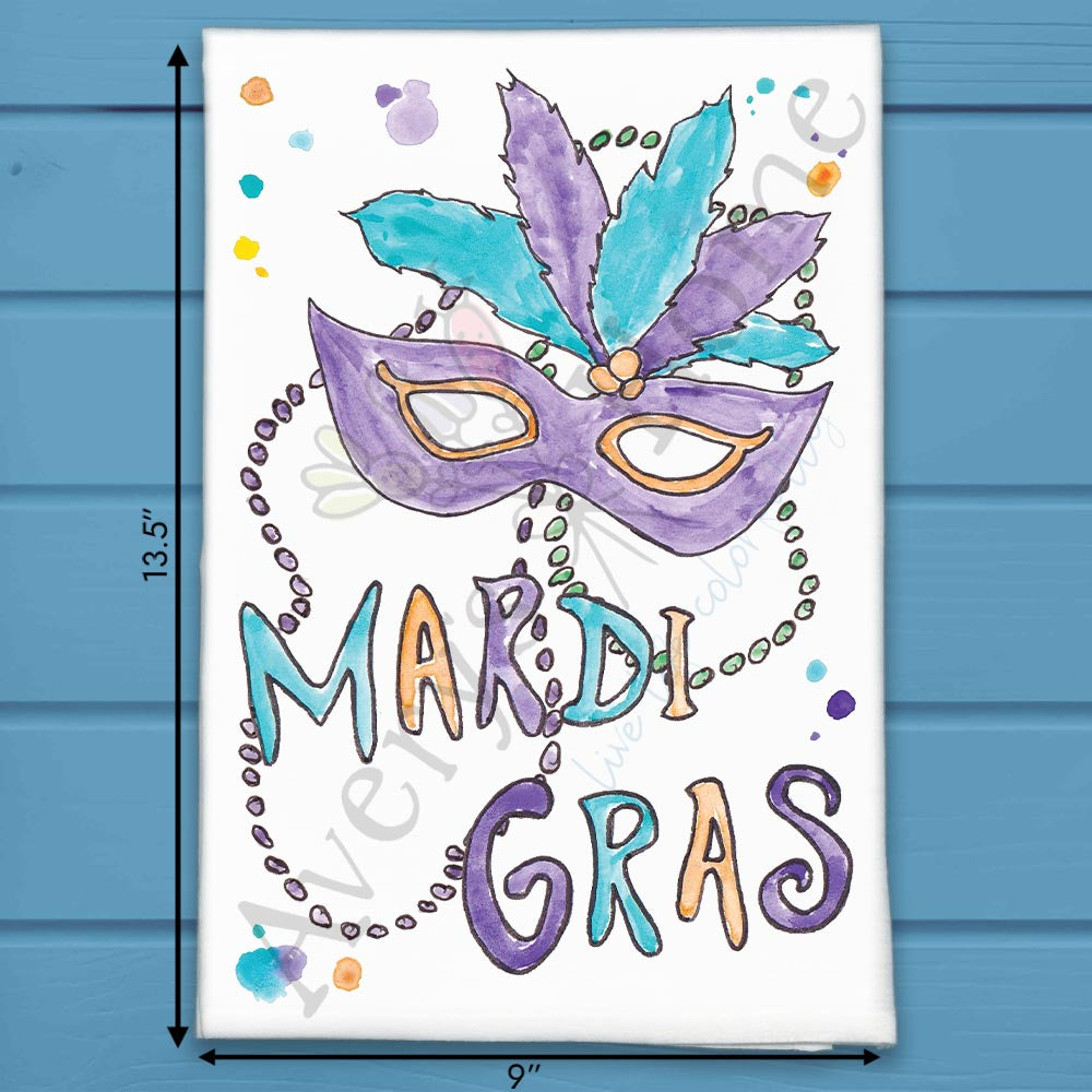 Mardi Gras Mask flour sack dish towel, art by Avery Jackson