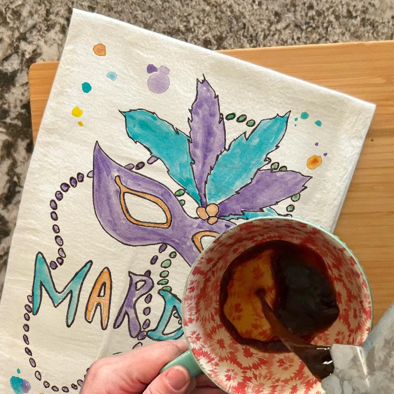 Mardi Gras Mask dish towel, 27x27 flour sack cotton