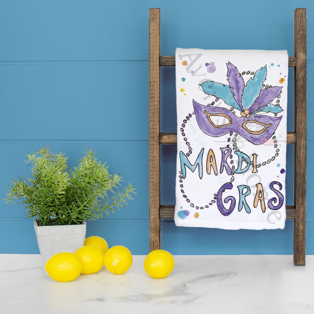 Mardi Gras Mask dish towel folded, hemmed on all four sides