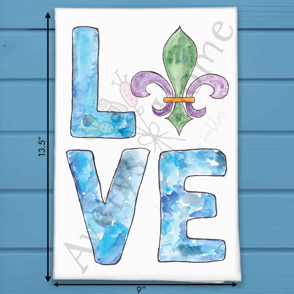 Fleur-de-lis Mardi Gras flour sack dish towel, art by Avery Jackson