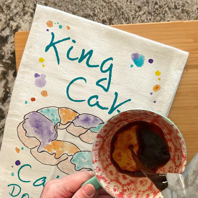 King Cake Mardi Gras dish towel, 27x27 flour sack cotton