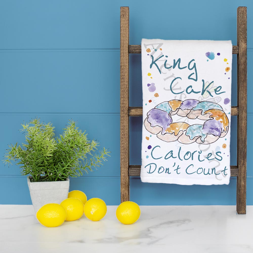 King Cake Mardi Gras dish towel folded, hemmed on all four sides