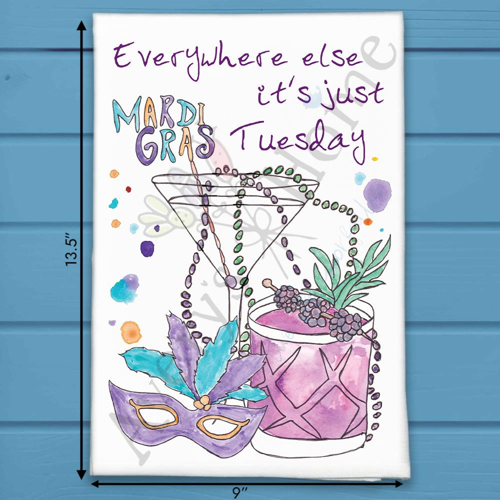 Fat Tuesday Cocktails dish towel folded, hemmed on all four sides