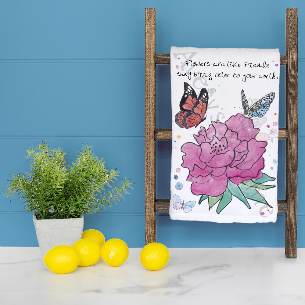 Friends Are Like Flowers dish towel folded, hemmed on all four sides