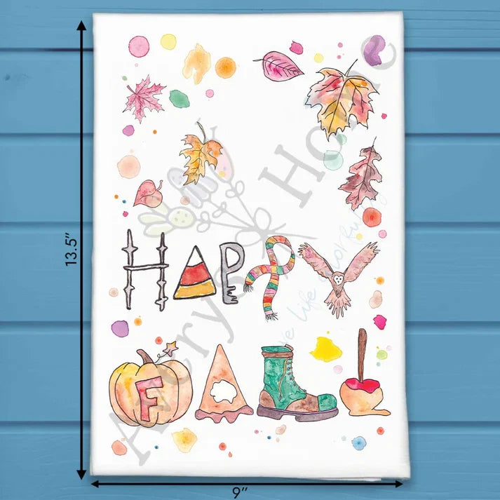 Happy Fall flour sack dish towel, art by Avery Jackson