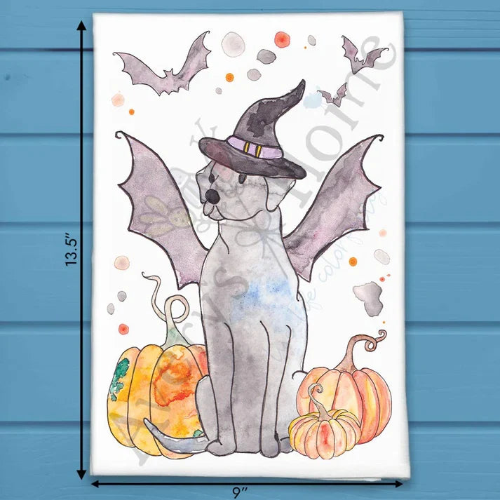 Bat Dog Halloween flour sack dish towel, art by Avery Jackson