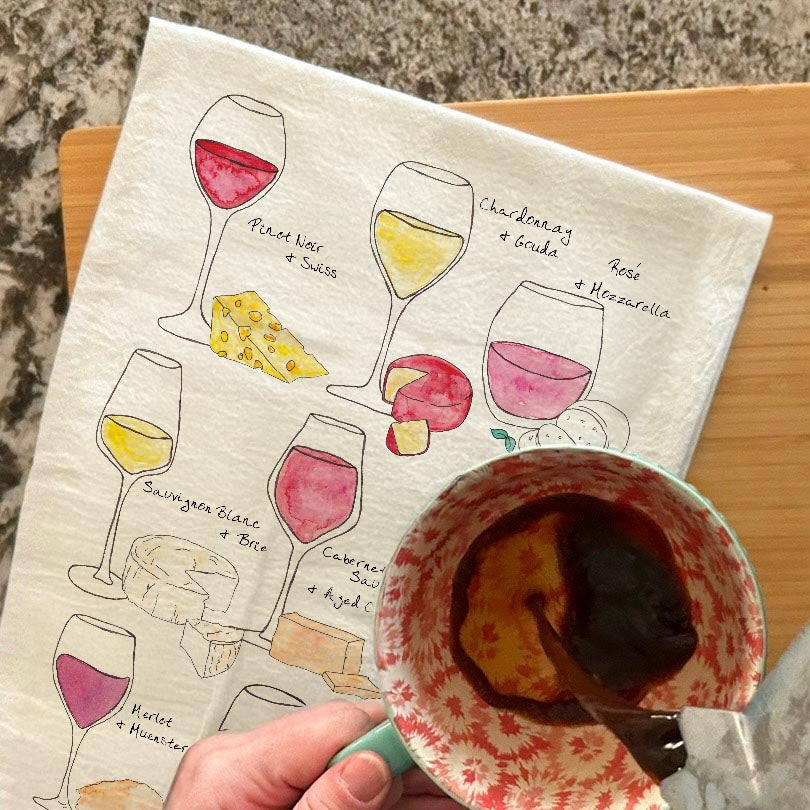 Wine and Cheese Pairing dish towel, 27x27 flour sack cotton