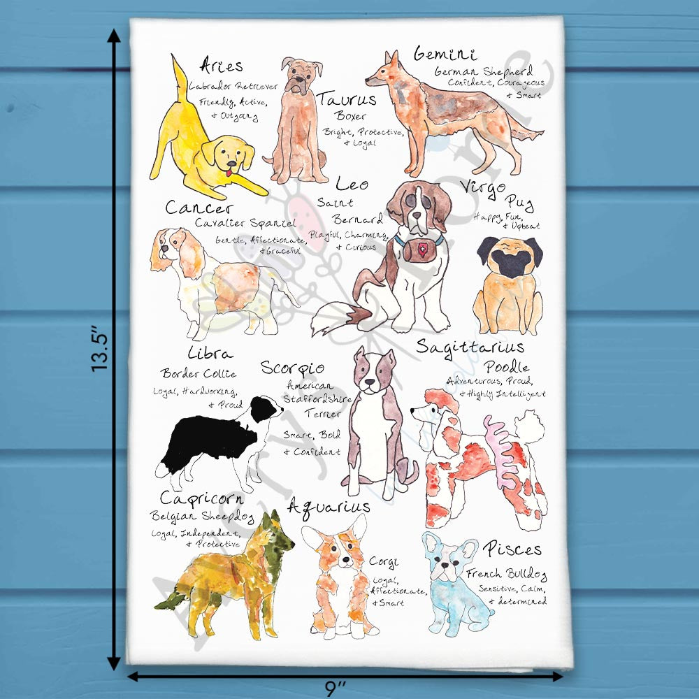 Zodiac Dog Signs flour sack dish towel, art by Avery Jackson